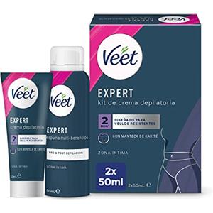 Veet Expert Kit di depilazione per zone intime del corpo, crema depilatoria donna 50 ml e schiuma multi-Benefici 50 ml