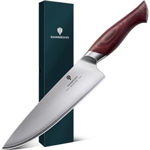 SANMEIHO Coltello da Chef Giapponese 20cm Affilatissimo, Coltello da Cucina | in Acciaio Giapponese 5 Strati, Lama Ultra Affilata 12°, Impugnatura Ergonomica Legno di Pakka - OKINAWA Series