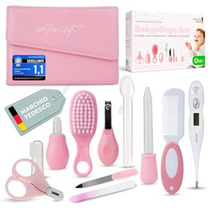 TPFFamily Kit igiene neonato (Rosa), set cura 11 pezzi con termometro | Forbici per unghie di alta qualità, aspiratore nasale e spazzola, ideale come prima attrezzatura per neonati, senza BPA