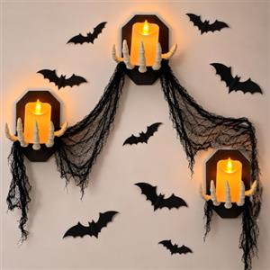 Beafaeur Set Decorazione Murale Halloween con Mani di Scheletro, Candele LED a Luce | Calda Fissa, Decorazioni Pipistrelli Halloween & Rete nera Decorativa, Addobbi Halloween Interno per Muro e Feste Autunnali