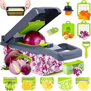 Moist Diane Tritaverdure 16 in 1, tritaverdure e affettaverdure con contenitore da 1,2 l e cestello drenante, mandolina multifunzione da cucina per verdure, cipolla, aglio, patate e insalate (grigio)