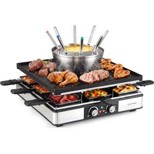 COSTWAY 2200W 3 in 1 Set Griglia per Raclette e Fonduta, per 8 Persone | Fonduta con Piastra Antiaderente, 8 Padelline, 8 Spatole e 8 Forchette, Griglia Elettrico da Tavolo con Doppio Termostato