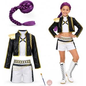 Festicy Costume Rumi Bambina con Parrucca Viola, Halloween e Carnevale | Giacca effetto pelle, crop top, shorts e parrucca intrecciata: set completo per feste in maschera e cosplay