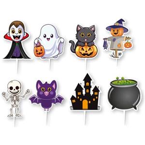 dekora - 16 Cake toppers Halloween per Torte, Cupcake e Muffin | Decorazioni Halloween in carta per feste bambini, con zucche, vampiri e scheletri