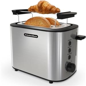 KitchenBoss Tostapane in Acciaio Inox：Tostapane per 2 fette con Pinze, 6 Livelli di Tostatura, con Cassetto Raccoglibriciole e Griglia per il Pane, Funzione di Spegnimento Auto e Sbrinamento, 870 W