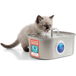 AqpetFriends Fontana per Gatti in Acciaio Inox 3.2L - Dispenser Acqua Automatico Ultra Silenzioso con Filtro Multistrato - Fontanella per Gatti e Cani, Acqua Sempre Pulita