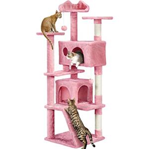Yaheetech Albero Tiragraffi per Gatti Alto 158 cm XXL Multilivello Rosa | Torre multifunzionale in peluche, con rampa, 2 casette 3 trespoli 3 pali in sisal e 2 pompon, giochi da interni per più gatti