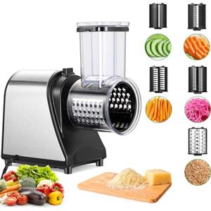 COOCHEER Grattugia Elettrica per Formaggio 250W & Tagliaverdure - Affettatrice 5 in 1 con Lame per Verdure, Frutta e Formaggio | Funzionamento One-Touch & Facile da Pulire