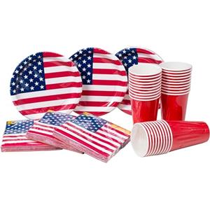 HEKU Set usa e getta, 120 pezzi, bandiera americana, incluso piatto di carta con motivo, bicchiere per feste (0,473 l) e tovaglioli (33 x 33 cm), ideale per feste ed eventi