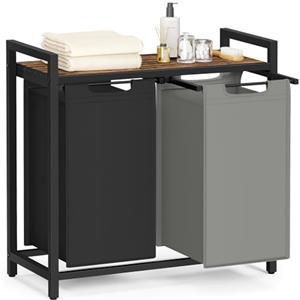 VASAGLE Cesto Portabiancheria, Porta Biancheria, 2 Sacchi in Tessuto Rimovibili, Piano d'Appoggio, Metallo, 2 x 46 L, 73 x 33 x 72 cm, Nero Inchiostro, Grigio Tortora e Marrone Vintage BLH201X01