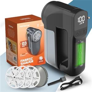 PORTENTUM Levapelucchi Elettrico con Luce LED - Display Digitale, 3 Velocità fino a 9.000 RPM, Lama a 6 Foglie, Grande Serbatoio, Togli Pelucchi per Abiti e Casa Ricaricabile USB C, Potenza Reale 15W