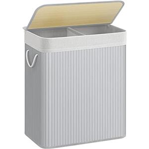 SONGMICS Cesto Portabiancheria, 100 L, Cesta Biancheria a 2 Scomparti in Bambù Coperchio, Maniglie, Pieghevole, Sacco Rimovibile e Lavabile in Lavatrice, Lavanderia, Casa, Bagno, Grigio LCB064G01