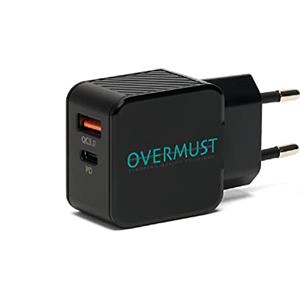 OVERMUST - Caricatore da Muro 25W, 2 Porte USB-C PD e USB-A QC 3.0, Compatibile con iPhone 14/13/12 Pro Max, Samsung, Huawei, iPad, AirPods, Ricarica Rapida, Design Compatto