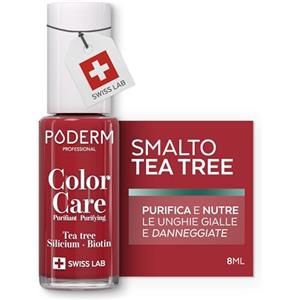 PODERM Smalto Cura per Unghie con Tea Tree - Rosso Rosa | Swiss Lab - 8ML | Arricchito con Tea Tree, Silicio & Biotina | Purifica, Schiarisce & Nutre le Unghie Gialle | Creato da una Podologa
