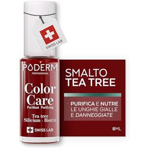 PODERM Smalto Cura per Unghie con Tea Tree - Rosso Allure | Swiss Lab - 8ML | Arricchito con Tea Tree, Silicio & Biotina | Purifica, Schiarisce & Nutre le Unghie Gialle | Creato da una Podologa