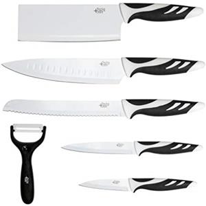 Cecotec Swiss Chef Knife Set Impugnatura con inserti in silicone, rivestimento antiaderente in ceramica, bianco e nero, presentato in un astuccio