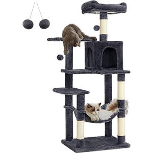 Feandrea Albero per Gatti Alto 143 cm, Tiragraffi per Gatti, con 4 Pali Graffiatoi, 2 Posatoi, 1 Grotta, 1 Amaca, 2 Pompon, in Peluche a Più Livelli, Grigio Fumo PCT161G01