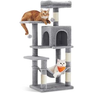 Feandrea Albero per Gatti Alto 112 cm, Tiragraffi per Gatti, con 4 Pali Graffiatoi, 2 Posatoi, 1 Grotta, 1 Amaca, 2 Pompon, in Peluche a Più Livelli, Grigio Chiaro PCT261W01V1