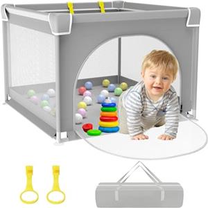 BEBEYA Box Bambini 90x90cm,Recinto per Bambini Piccolo,Grigio | Box Neonato per Appartamento,Porta di Sicurezza,Traspirante e Antiscivolo,Recinto Gioco per Neonato 0-36 Mesi