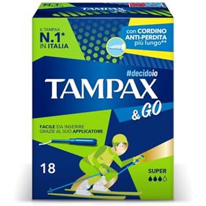 Tampax & Go Super, 18 Assorbenti Interni con Applicatore in Plastica | Presa Antiscivolo e Doppio Cordino Protettivo, Ginecologicamente Testati, ideali per Flusso Abbondante