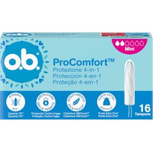 o.b. ProComfort Mini Assorbenti Interni 1 x 16 Tamponi | Tamponi interni per flusso più leggero, Protezione 4-in-1 dalle perdite, Senza profumo, Ginecologicamente testati