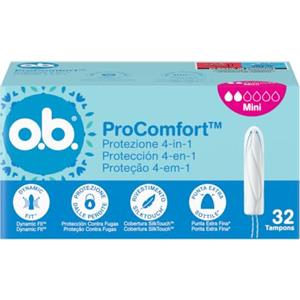 o.b. ProComfort Mini Assorbenti Interni 1 x 32 Tamponi | Tamponi interni per flusso più leggero, Protezione 4-in-1 dalle perdite, Senza profumo, Ginecologicamente testati