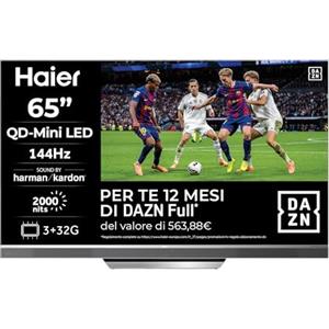 Haier Smart TV 75" QD-Mini LED 4K UHD, Google TV, Gaming 144Hz, HDR10 | Dolby Vision, Dolby Atmos, Bluetooth 5.1, HDMI 2.1 x 4, DBX TV, Processore Quad Core, 12 Mesi DAZN Inclusi, H75M95EUX