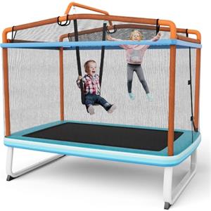 LIFEZEAL Trampolino 3 in 1 per bambini, trampolino con altalena rimovibile e barra posteriore, trampolino da giardino rettangolare per bambini, 190 x 124 x 222 cm, per esterni e interni