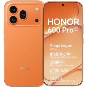 HONOR 600 Pro 5G Smartphone Cellulare, 12+512GB, 6,57 120Hz AMOLED, Fotocamera Tripla 200MP, Batteria 6400mAh, Ricarica Rapida 80W, IP68/IP69K, Snapdragon 8 Elite (Orange, 512, GB, 12, GB)