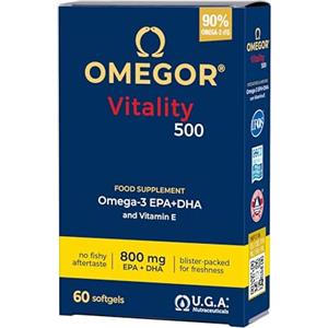 Omegor Omega 3 IFOS 5 Stelle OMEGOR Vitality 500 [Facile da Deglutire] 60 Capsule - Omega3 EPA 535mg e DHA 268mg per 2 Capsule - Senza Retrogusto di Olio di Pesce