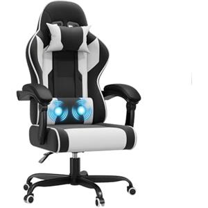 JUMMICO Sedia da Gaming Massaggiante, Cuscino Lombare & Poggiatesta, Ergonomica Sedia da Ufficio, Schienale Regolabile 90-135°, Portata 150 kg (bianco e nero)