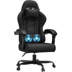 JUMMICO Sedia da Gaming Massaggiante, Cuscino Lombare & Poggiatesta, Ergonomica Sedia da Ufficio, Schienale Regolabile 90-135°, Portata 150 kg, nero
