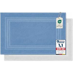 Komfortec Tappeto Bagno Set di 2 in Spugna di Cotone 50x70 cm | Tappetino Bagno 100% Cotone, Assorbente, Morbido, Lavabile in Lavatrice, 600 g/m², Azzurro&bianco