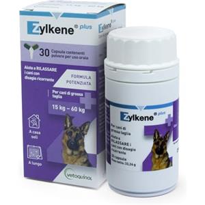 Vetoquinol Zylkene Plus Mangime Complementare | Cani di taglia grande (15-60 kg) 450 mg | Promuove il rilassamento nelle situazioni di disagio nel lungo termine: Soli a casa, Nuovi animali e neonati | 30 capsule
