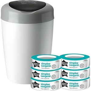 tommee tippee Confezione Cestino per pannolini + 6 scatole per pannolini riciclabili Tommee Tippee Sangenic Simplee + 6 scatole per pannolini riciclabili Tommee Tippee Sangenic Simplee, Bianco/Grigio
