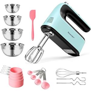 Showvigor Set Sbattitore Elettrico, 300W, 5 Velocità, con 4 Ciotole in Acciaio Inox, Misurini e Cucchiai Dosatori, Spatola, Hand Mixer per Cuocere Torte da Cucina, pasta, Batters