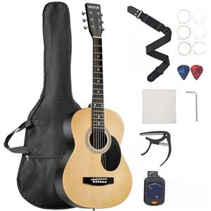 VEVOR Chitarra Acustica Dreadnought 990,6 mm Chitarra Acustica a 6 Corde con Tavola Armonica in Abete Massello Naturale, Custodia Morbida, Accordatore, Tracolla, Corde in Acciaio, Plettri, Capotasto