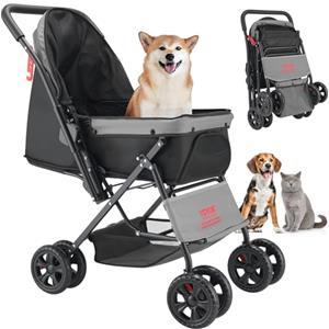 VEVOR Passeggino per Animali Domestici, Passeggino per Cani a 4 Ruote con Freni, Capacità di Peso di 20 kg, Portatile Maniglia Reversibile con Finestre in Rete Traspirante per Piccoli Cani Gatti
