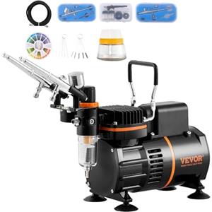 VEVOR Kit Aerografo, Compressore d'Aria a Doppia Ventola Kit Sistema di Aerografia Professionale con 3 Aerografi, Supporto, Ruota di Miscelazione Colori, Set di Pennelli, per Tatuaggi, Trucchi, Torte
