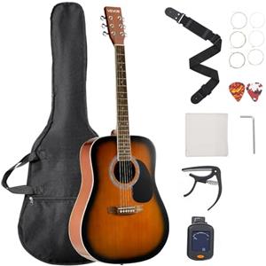 VEVOR Chitarra Acustica Dreadnought da 1041,4 mm Chitarra Acustica a 6 Corde con Tavola Armonica in Abete Massello Sunburst, Custodia Morbida, Accordatore, Tracolla, Corde in Acciaio, Capotasto