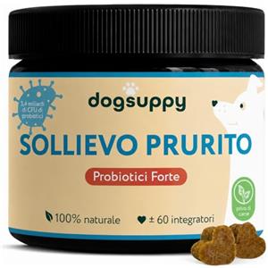 DogSuppy Sollievo Prurito Probiotici per Cani, 100% Naturale - Contro Prurito, Leccamento delle Zampe, Arrossamenti Cutanei e Allergie Stagionali, Supporto Intestinale e Immunitario, 60 Integratori