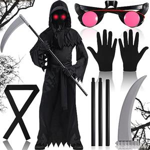 Frasheng Costume da Grim Reaper unisex,Costume Mietitore Bambino & Adulto,Costume di Reaper per Fantasma Spaventoso Morte,con Occhiali Luminosi,Falce Della Morte,per Cosplay,Carnevale