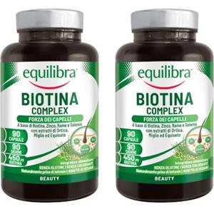Equilibra Biotina Altodosata 450 mcg, per Capelli e Unghie, con Zinco, Rame, Selenio, Estratti di Ortica, Miglio, Equiseto, Vegan, Senza Glutine, Privo di Lattosio, 2 Pezzi da 90 Capsule