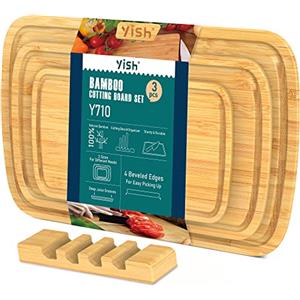 YISH Tagliere in Bambù Legno Cucina: YISH Taglieri in Bambù con Scanalatura Del Succo Facile da Pulire Tagliere in Bamboo Massiccio Professionale set di 3-38x25cm 33x20cm 25x15cm per Carne Formaggio