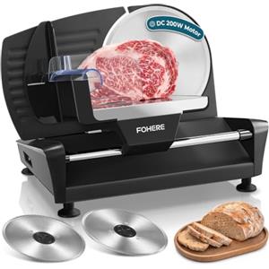 FOHERE Affettatrice Elettrica da Casa 200W Motore DC, 2 Lame 19cm | per Salumi, Pane, Formaggio, Spessore Regolabile 0-15mm, Piccola & Silenziosa