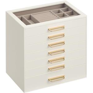 SONGMICS Portagioie con Coperchio in Vetro, a 7 Cassetti | Organizer per Gioielli, 24 x 17,2 x 24 cm, Bianco Crema, Idea Regalo, Collezione GLORIBEL JBC207W101
