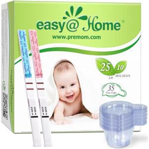 Easy@Home Kit di Strisce per Test di Ovulazione e Gravidanza - 25 Test di Ovulazione, 10 Test di Gravidanza e 35 Grandi Bicchieri per Urina - Supportato dall'App Premom per l'Ovulazione