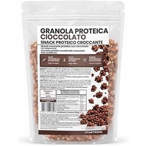 Vitastrong. Vitastrong Choco Protein Granola 250g, muesli croccante con 23,8 g di proteine e 25,8 g di fibre per 100 g, con avena, soia e aroma di caramello, a basso contenuto di zuccheri, ideale per la colazio