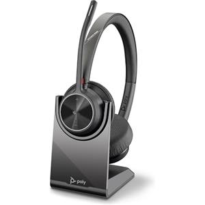 PLT Poly Voyager 4320 UC, Cuffia Senza Filo, Connessione Bluetooth 5.1 e Dongle USB-C BT700, Cuscinetti in Similpelle, Autonomia 24 Ore, Base per Ricarica, Compatibile con Windows 10 e macOS, Nero
