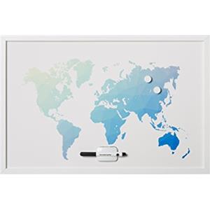 Bi-Office, Bacheca Poligono Mappa Del Mondo, Magnetica Cancellabile a Secco, Cornice Bianca MDF, 60x40cm